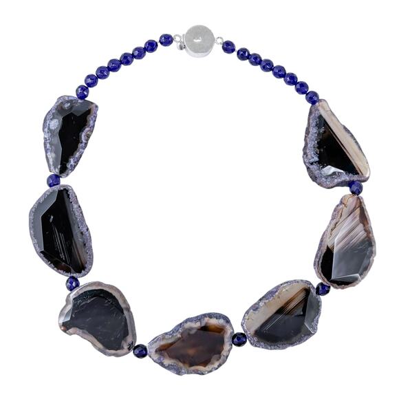 Estate Sterling Silver Black Agate Slice Amethyst Bead Carved Clasp Necklace 21" - Picture 5 of 9